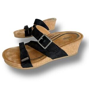 Aetrex Women's Kimmy Black Leather Arch Support Wedge Sandals Slides Sz 9
